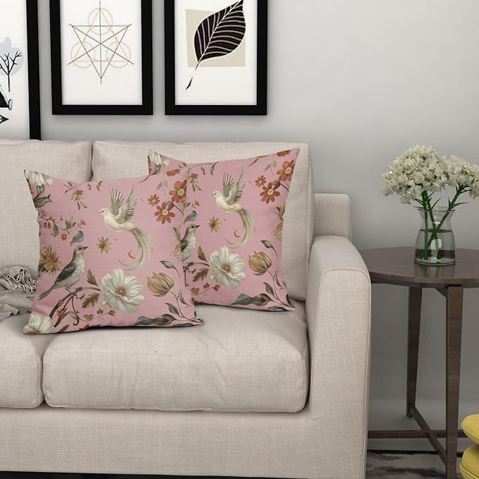 Kawani Vintage Floral Pillow Covers 16x16 Inch Set of 2 Pink Chinoiserie Flower and Bird Outdoor Decorative Throw Pillows Retro Rustic Pillowcases Farmhouse Cushion Covers for Couch Home Decor