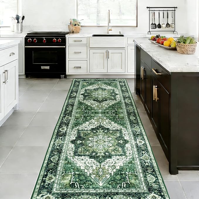 Green Runner Rug 2x6, Washable Runners for Hallways Non Slip | Soft faux wool, machine washable & stain resistant. Non-slip rubber backing, low pile. For hallway, kitchen, bedroom.