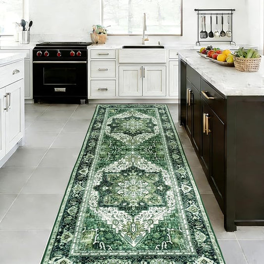 Green Runner Rug 2x6, Washable Runners for Hallways Non Slip | Soft faux wool, machine washable & stain resistant. Non-slip rubber backing, low pile. For hallway, kitchen, bedroom.