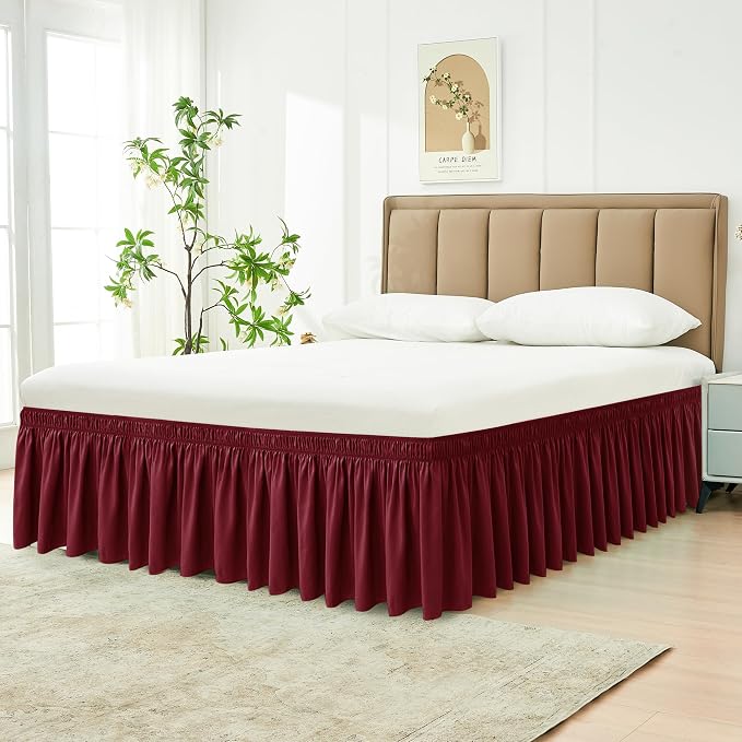 Wrap Around Queen Size Bed Skirt 18 Inch Drop-Elastic Dust Ruffle Burgundy | Adjustable Pleated Bedskirt-Easy Fit Wrinkle Resistant Washable Hotel Quality Fabric Bed Skirting-Master Guest Bedroom Rental