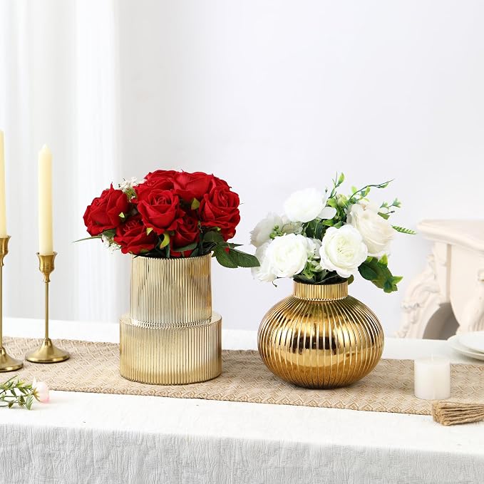 Ribbed Glass Vases, Set of 2 Fluted Vases for Flowers, Gold Glass Vase for Tulips, Modern Vase for Living Room, Kitchen, Office, Entryway, Mantle, Bookshelf, Wedding Gifts, Birthday