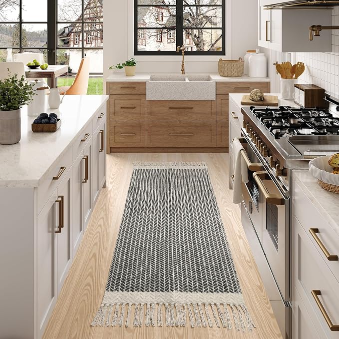 Lahome Boho Bathroom Runner Rug, 2x5 Washable Rugs for Laundry Room Hallway | Woven Cotton Grey Mat with Tassels, Farmhouse Decor Throw Non Shedding Lightweight Carpet Runners for Entryway Kitchen Door