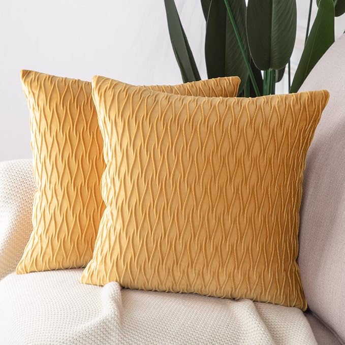 MADIZZ Set of 2 Super Soft Velvet Decorative Throw Pillow Covers 18x18 inch Gold Square with Texture Luxury Style Cushion Case Pillow Shell for Sofa Bedroom