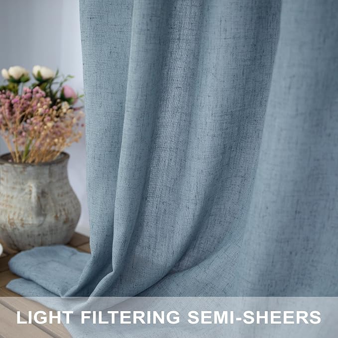 Country Blue Curtains 54 Inch Length for Bathroom 2 Panels Pocket Tab Loops Light Reducing Semi Privacy Energy Efficient Linen Sheer Vintage Blue Curtains for Boys Bedroom Chambray Blue Dusty