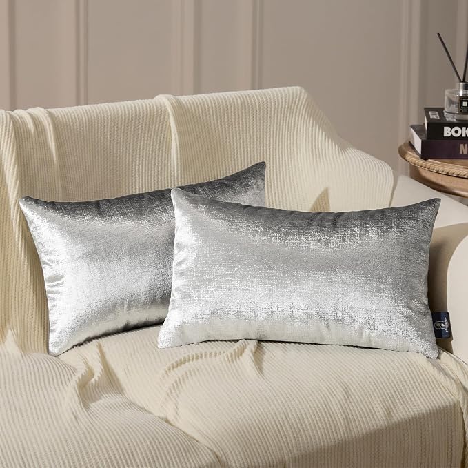 Phantoscope Pack of 2 Sparkling Velvet Decorative Solid Throw Decorative Pillow Cover Soft Silver Glitter Square Cushion Cover Pillowcase for Couch Bed and Chair, Gray, 12 x 20 inches, 30 x 50 cm