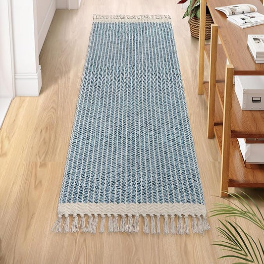 Lahome Boho Bathroom Runner Rug, 2x6 Washable Rugs for Kitchen Hallway | Woven Cotton Laundry Room Throw Carpet with Tassels, Farmhouse Decor Blue Non Shedding Lightweight Mat for Entryway Bath