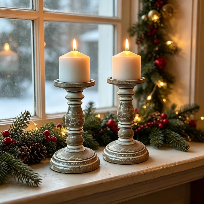 Hosley Set of 2 High Wood Candle Holder 8 Inch High for Pillar Wax Candles Flameless Candle. Distress Finish Candleholder. Ideal Gift for Wedding Party Home Spa Reiki Aromatherapy Candle Gardens O4