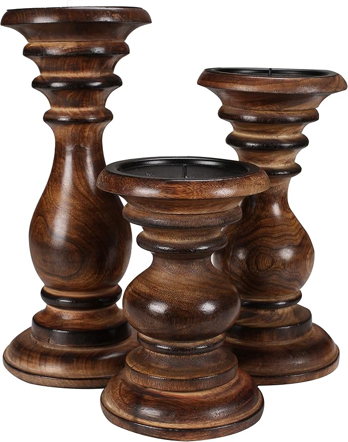 Candle Holders Set of 3 (10",8" & 6" Height)_Burnt Finish,Pillar Candle Holder in Mango Real Wood,Decorative Candle Holders for Table Centerpiece, Wedding, Party, Home Décor, Spa, Farmhouse, Gifting