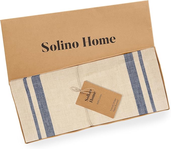 Solino Home 100% Linen Table Runner, 14 x 120 in, Navy and Natural Striped | French Stripe, brings a tailored look to family meals and hosting, woven stripe, European flax fibres, OEKO-TEX Certified