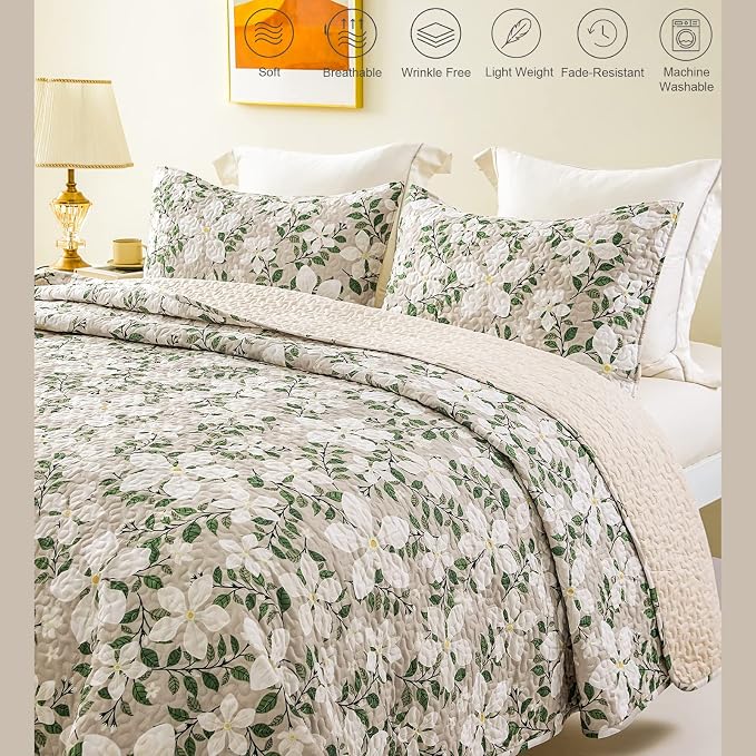 Whale Flotilla Patchwork Quilts Queen Size, Extra Soft Floral Bedspreads | Reversible Lightweight Full Queen Quilt Bedding Set for Bed, White Bone Printed Coverlets with 2 Pillow Shams for All Seasons