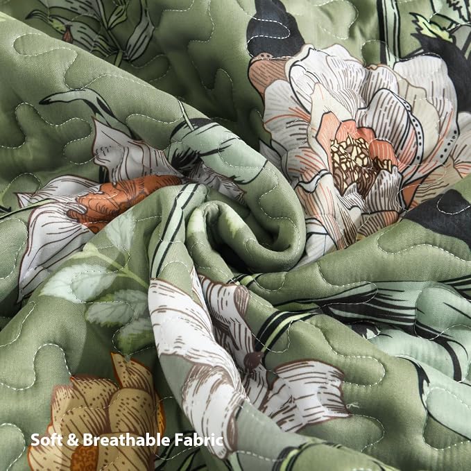 Litanika Floral Green Quilt King - 3Pcs Botanical Birds Bedding Set | Sage Bedspread Summer Lightweight Soft Coverlet for All Seasons(106"x96")