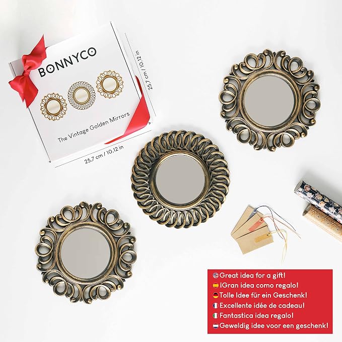 BONNYCO Wall Mirrors Pack of 3, Round Gold Mirrors for Home Decor Bedroom and Living Room. Espejos Decorativos de Pared Sala Dormitorio, Circle Wall Decor Minimalist Vintage Chic. Gifts for Women Mums | Pack of 3 Round Mirrors Ideal for Living Room, Ho...