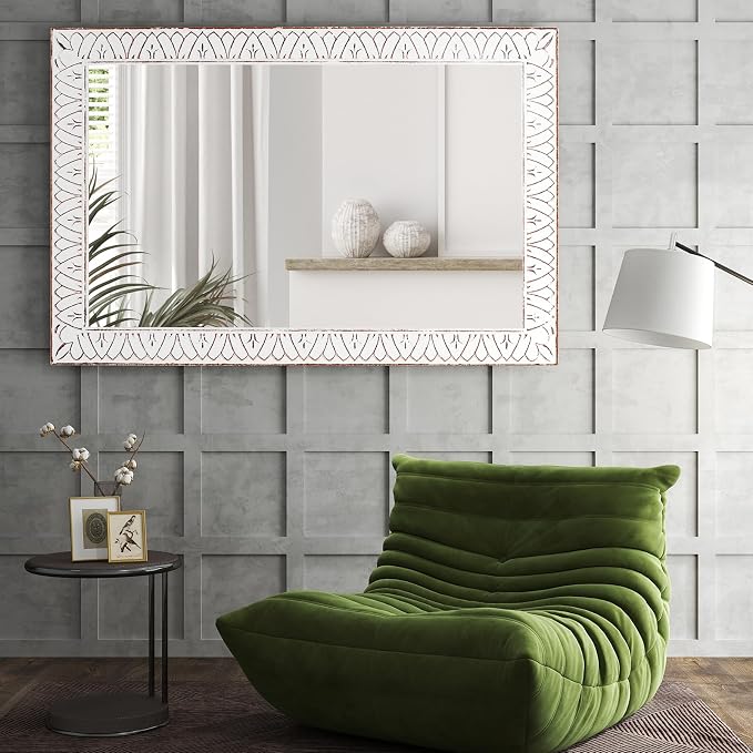 36x24 Inch Farmhouse Rectangle Wall Mirrors with Wooden Frame | Rustic Decorative Rectangular Mirror for Living Room, Bedroom, Bathroom, Entryway - Vertical/Horizontal Hanging