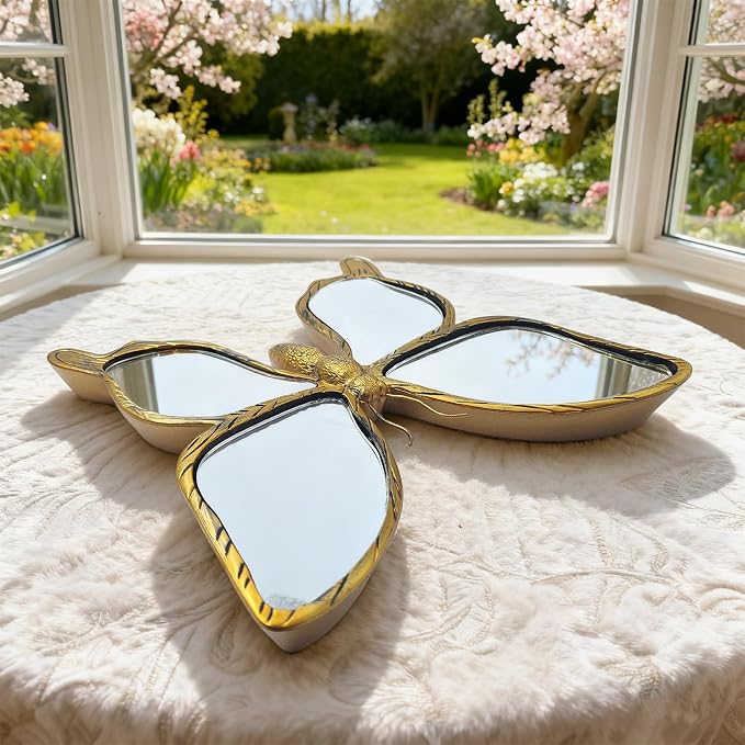Gold Resin Butterfly Mirror Wall Decor, Vintage Insect Shaped Decor Mirror | Butterfly Shaped Accent Wall Mirror, Butterfly Mirror Wall Sculpture, Creative Home Decoration for Bedroom Balcony Corridor