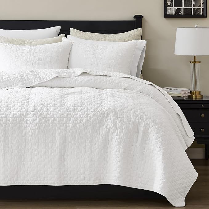 palassio White 100% Cotton Quilt Twin Size Bedding Sets with 1 Pillow Sham, Textured Lightweight Soft Bedspread Shabby Chic Coverlet, Quilted Thin Comforter Bed Cover for All Season, 2 Pieces
