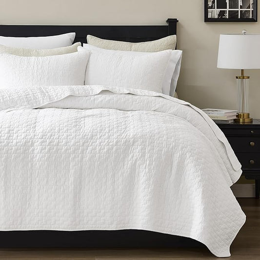 palassio White 100% Cotton Quilt King Size Bedding Sets with 2 Pillow Shams, Textured Lightweight Soft Bedspread Shabby Chic Coverlet, Quilted Comforter Bed Cover for All Season, 3 Pieces