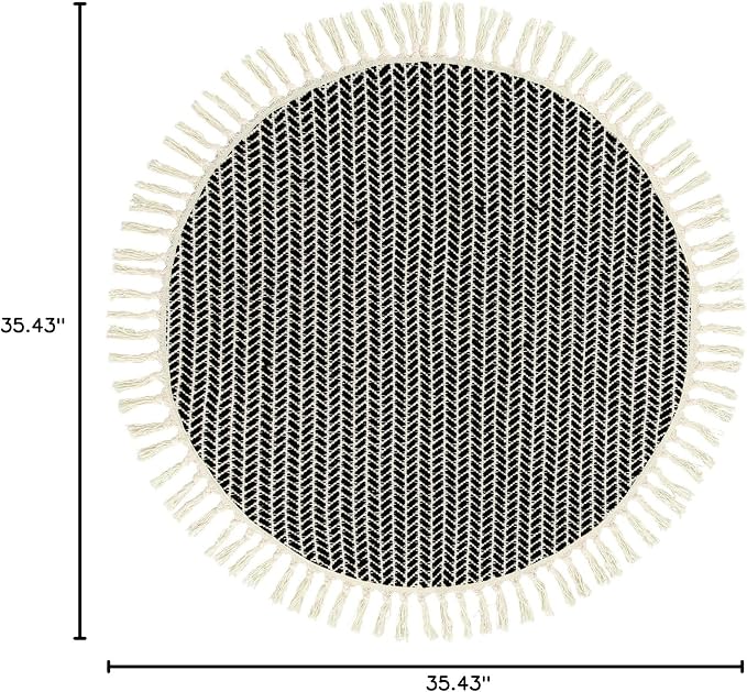 Lahome Boho Black and White Round Rug 3ft, Small Circle Bathroom Rugs | Lightweight Washable Rugs for Entryway with Tassels, Farmhouse Woven Cotton Non Shedding Mat for Dorm Bedroom Kitchen
