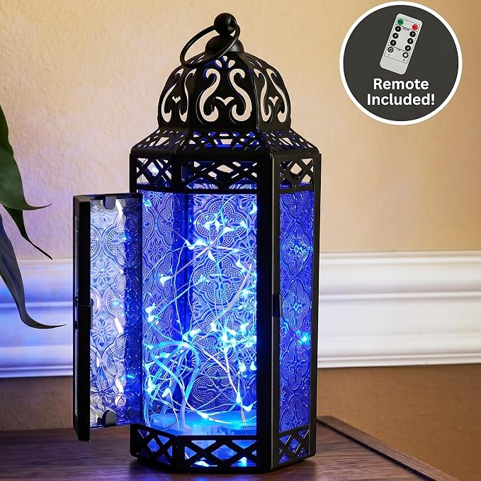Vela Lanterns Decorative Indoor Fairy Light Candle Holder, Cobalt Blue, M | Fantasy Moroccan Decor, Ramadan & Eid, Wedding Table Centerpieces, Metal Hanging Bathroom Lamp, Outdoor Patio, 10.5" Tall