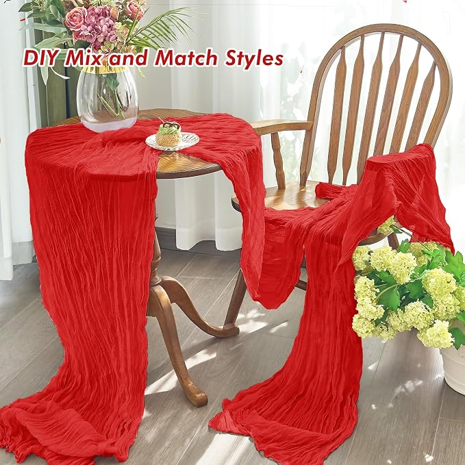 IVAPUPU Red Table Runner 120 Inches for Wedding Birthday Party Home Decor | 2 Pcs Boho Gauze 10FT Cheesecloth Table Runners for Baby Shower Decorations Summer Garden Farmhouse