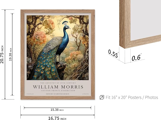 Poster Master William Morris Poster - Peacock Print - Bird Art - Botanical Design - Flower Art - Exhibition Display - Animal Illustration - Floral Design - Aesthetic Office or Bedroom Decor - 16x20 Beige Framed