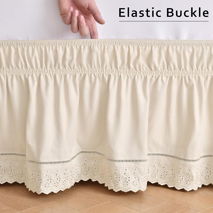 MIYE Wrap Around Ruffled Lace Bed Skirt, Elastic Dust Ruffle with Adjustable Belts, Easy to Put On, Bed Frame Cover, Machine Washable (Embroidered/Light Beige, King/Queen-18 Drop)