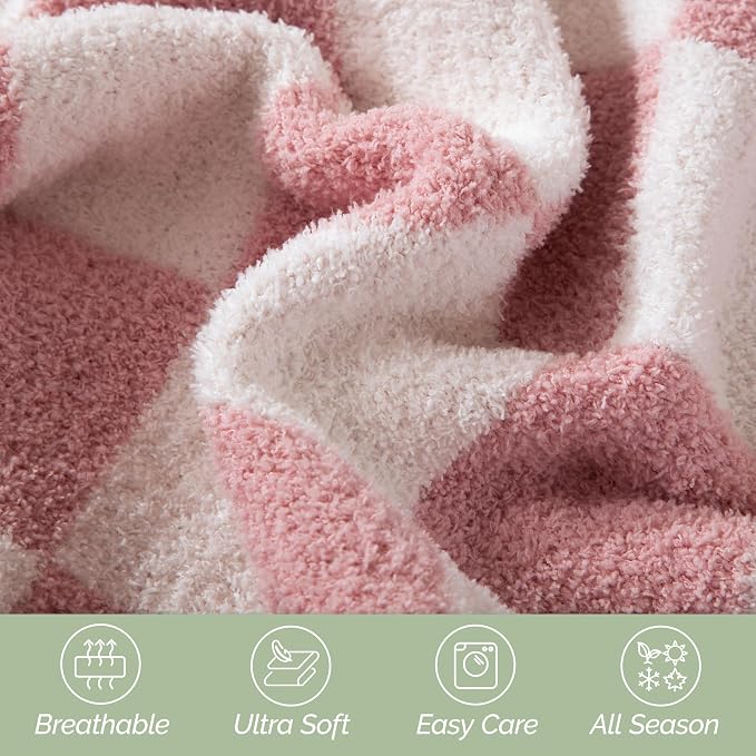 Elegant Comfort Premium Checkered Reversible Throw Blanket - Ultra Soft and Lightweight, Luxury Knitted Breathable Fleece for Couch, Bed, Sofa - Warm Velvet Fluffy Throw, 50 x 70 Inch, Light Pink