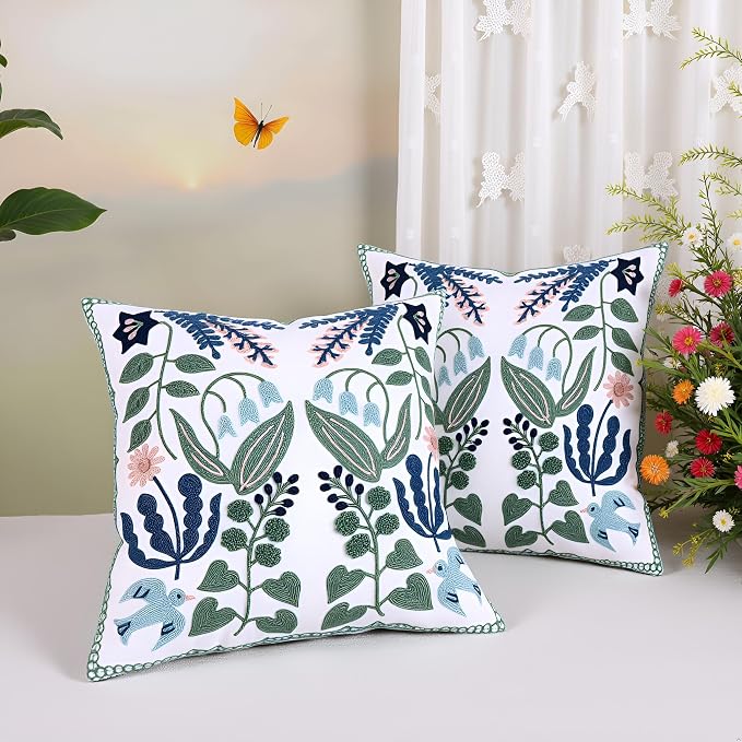 Embroidered Throw Pillow Covers 18x18 inch Set of 2 Blue Birds | Durable Fabric,Square Pillow Cover,Boho Decorative,Hidden Zipper,Aesthetic Design,Ideal Gift,Machine Washable