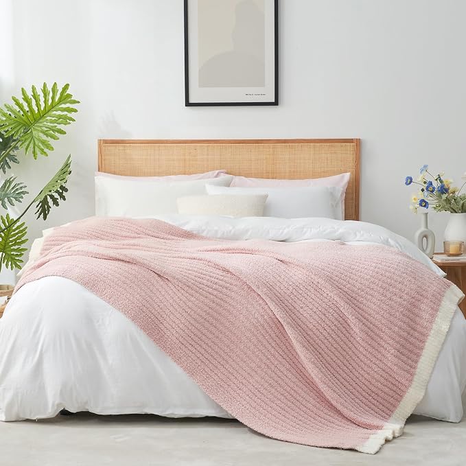 Snuggle Sac Fluffy Ribbed Pink Blanket Twin Size, Soft Luxurious Knit Throw, Fuzzy Plush Microfiber Blankets for Couch, Sofa, Bed, Pink, 60x80 inches
