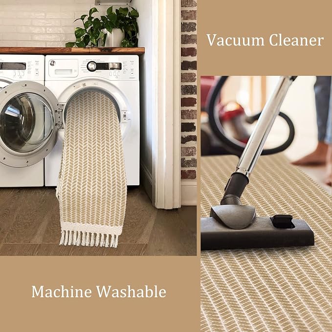 Lahome Boho Kitchen Runner Rug, 2x4.3 Washable Rugs for Bathroom Entryway | Woven Cotton Throw Mat with Tassels, Farmhouse Non Shedding Lightweight Low Pile Carpet for Bath Bedroom Doorway, Khaki