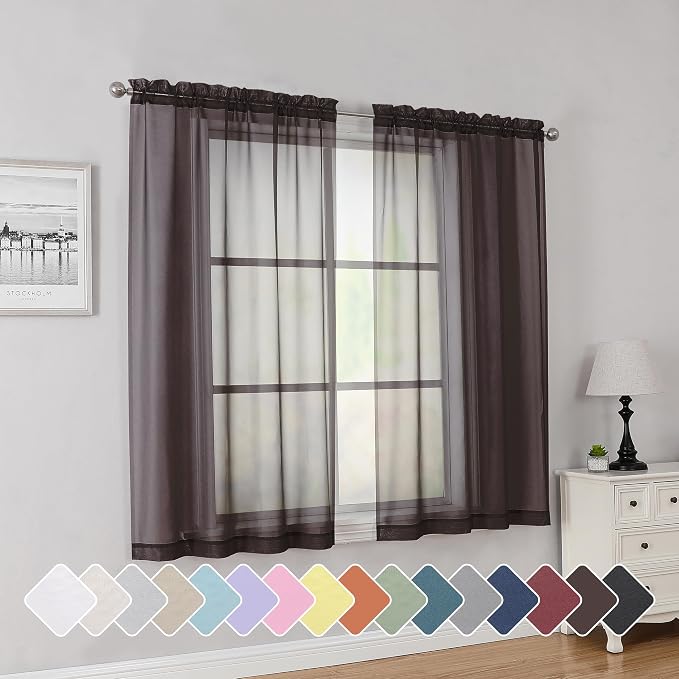 Simplebrand Chocolate Short Sheer Curtains 45 Inch Length for Small Windows, Rod Pocket 2 Panels Set Solid Voile Drapes Window Sheer Curtains for Bedroom Bathroom Kids Room Kitchen, 42x45 Inch, 2pcs
