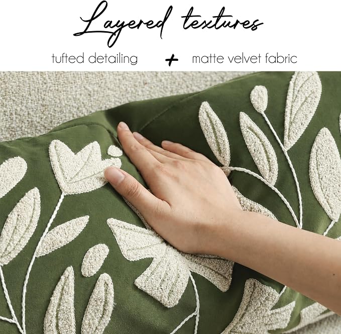 BlissBlush Decorative Lumbar Pillow Cover 12x20 Inch, Olive Green Floral Tufted Velvet Accent Pillow Case for Sofa Bed Living Room, Cover Only