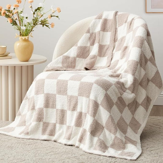 EXQ Home Checkered Throw Blanket, Knitted Blanket with Checkerboard Grid Pattern, Soft Cozy Fluffy Blankets for Couch Bed Sofa, Warm Fuzzy Plaid Blanket for All Seasons (Taupe, 50"×60")