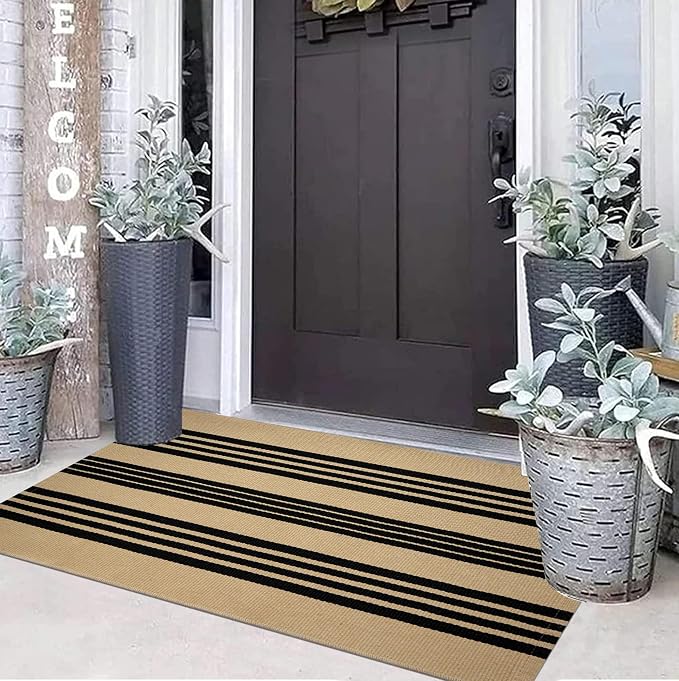 Khaki Black Outdoor Rug 2'x4.3',Striped Front Porch Rug Machine Washable Front Door Mat Entryway Throw Rug for Front Porch Indoor Outdoor Doormat