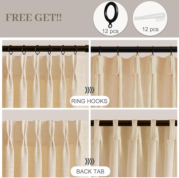 Pinch Pleated Linen Blend Light Filtering Sheer Curtains for Living Room | Sliding Door, Semi Sheer, Pinch Pleat, Hook Rings, Non See Through, Extra Wide, Large Window, 60Wx102L, Sand Beige, 1 Panel