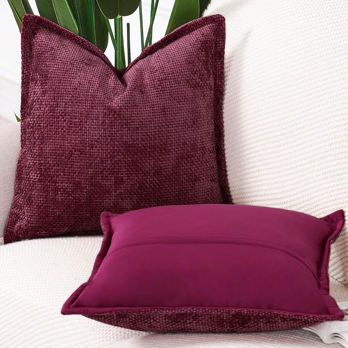 MADIZZ Decorative Chenille Velvet Throw Pillow Covers Set of 2 Soft Boho Textured Neutral Couch Throw Pillow for Bed Modern Farmhouse Home Decor for Sofa Livingroom Burgundy 18x18 Inch