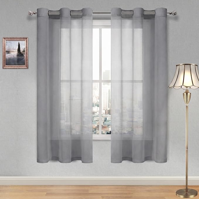 DWCN Sheer Curtains, Grommet Top Grey Faux Linen Look Voile Semi Transparent Solid Window Sheer Curtains Drapes for Bedroom Living Room, Set of 2 Panels 36 x 72 Inch Long, Grey