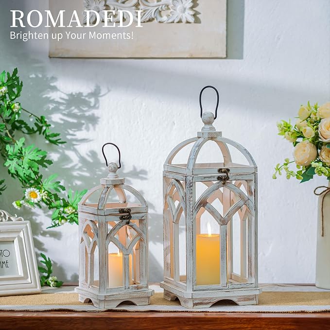 Romadedi Set of 2 Farmhouse Wood Candle Lanterns Decorative, Whitewashed | 12" and 16" Tall Rustic Lantern; Painted by Hand with Distressed White Finish; Indoor/Outdoor Use for Mantel, Table, or Patio