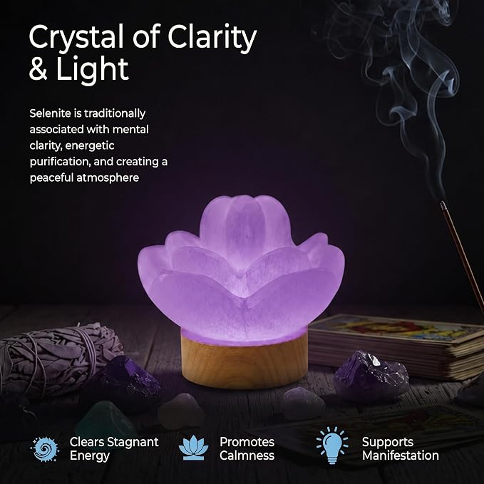Wish Well 3 pc Lotus Flower Selenite Lamp with 7 Color LED Wooden Base