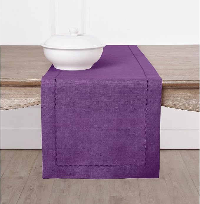 Solino Home 100% Pure Linen Dining Table Runner Purple Woven, 14 x 144 in | Classic Hemstitch, brings a tailored look to family meals and hosting, hemstitched border, soft, fine, OEKO-TEX Certified