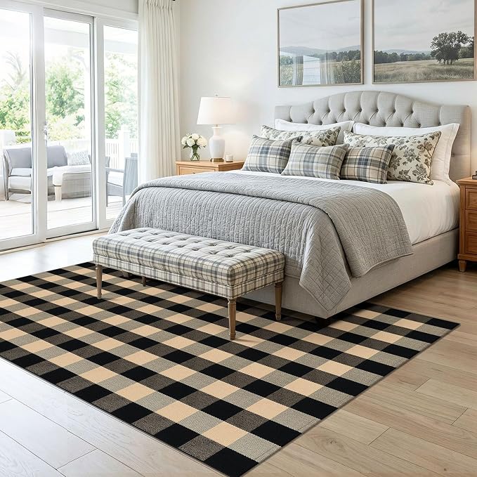 KOZYFLY Buffalo Plaid Area Rug 5x7 ft Living Room Rug, Brown and Black | Washable Checkered Rugs, Cotton Bedroom Rug, Woven Dining Room Rug, Indoor Outdoor Carpet for Farmhouse Patio Front Porch
