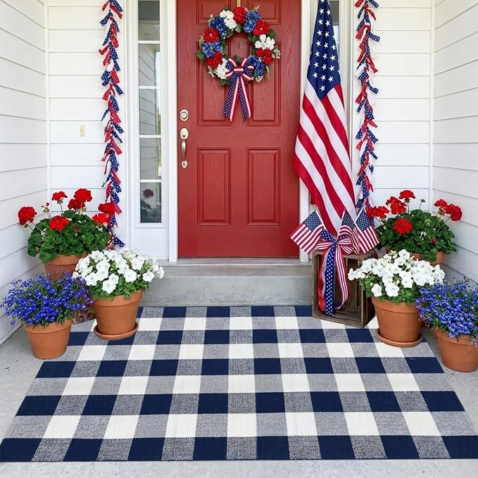 SEEKSEE Buffalo Plaid Outdoor Rug 3' x 5' Navy Blue and White Front Door Mat, Layering Rug for Porch, Washable Doormat, Front Porch Rug for Outdoor Entrance Entryway Patio Porch Decor