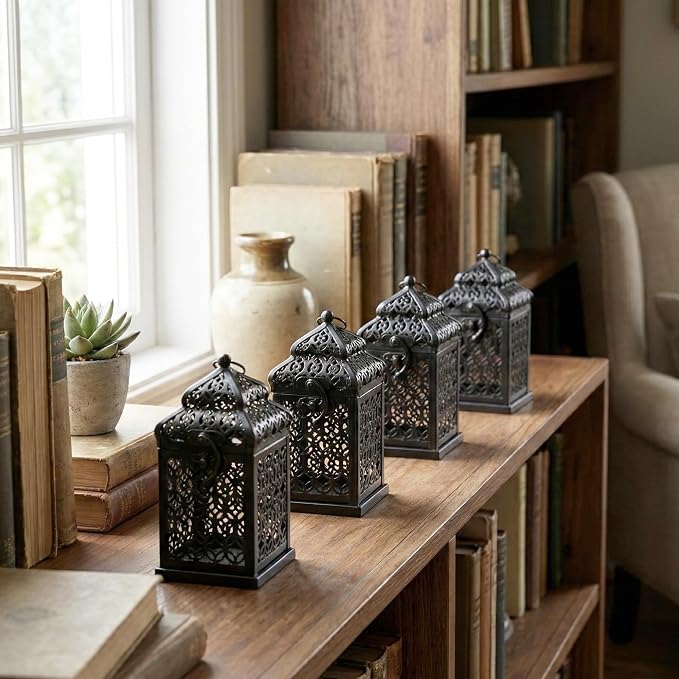 VELA LANTERNS Mini Tower Temple Moroccan Lantern Lamp Decorative Candle Holders for Ramadan Decorations, Hanging, Outdoor Patio or Porch, Indoor Home Decor, Black, Set of 4