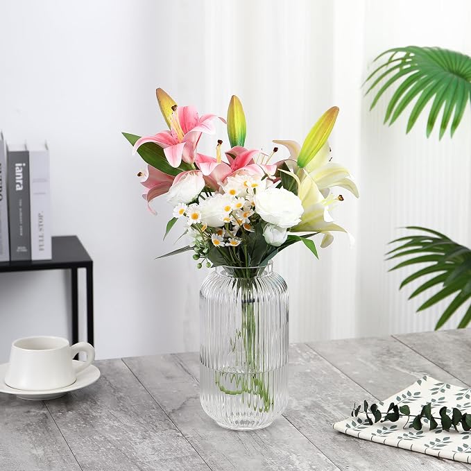 Ribbed Glass Vase, Clear Flower Vase for Bouquet, Glass Vases for Flowers, Modern Vases for Living Room, Bedroom, Kitchen, Dining Table, Office, Wedding, 8.6 Inches