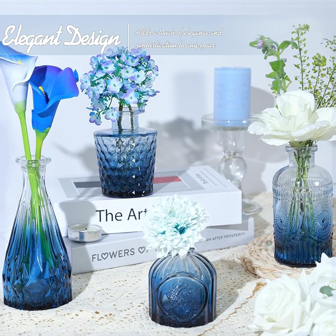 TBWIND Blue Glass Bud Vase Set of 5, Small | Flower Vases for Centerpieces in Bulk, Mini Vintage Vase, For Wedding Decor, Single Flowers and Home Table Décor