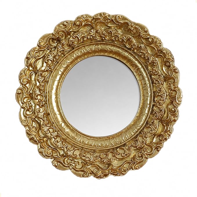Golden Mini Vintage Mirror with Exquisite Relief Elegant Wall Decor for Bedroom Dresser Table Compact Resin Retro Design (Gold Round, 5X5)