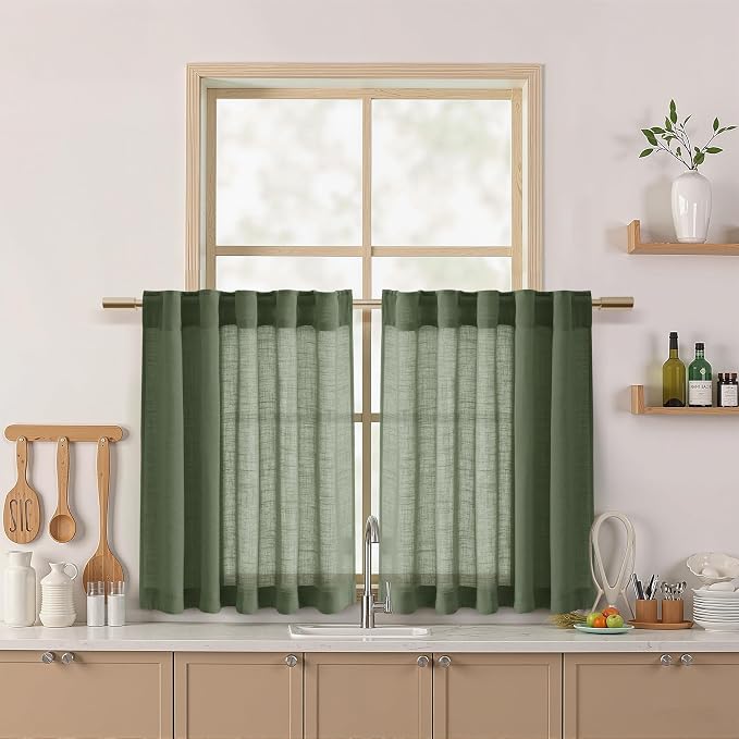 Linen Kitchen Curtains 30 Inches Long 2 Panels Olive Green Semi Sheer Short Curtain Back Tab Rod Pocket Solid Privacy Cafe Tier Curtains for Cafe Bathroom Basement 36x30