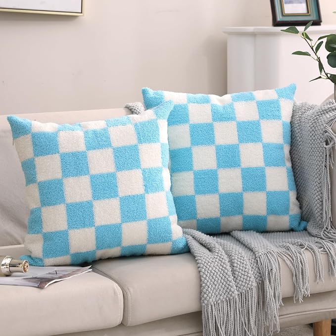 Alysheer Checkered Embroidered Throw Pillow Covers 18"x 18" 2pc Blue White
