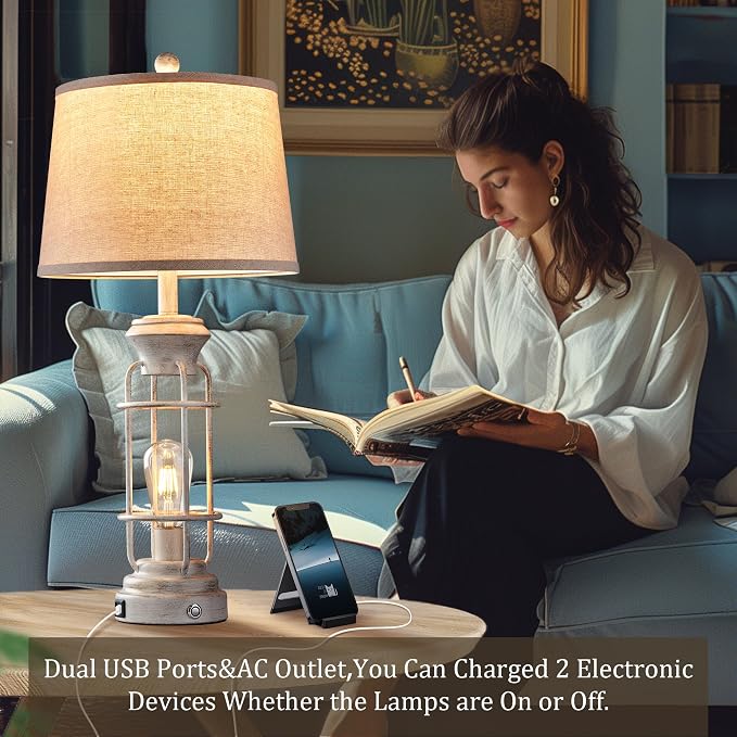 Reaketon 28" Farmhouse Table Lamp Set of 2 with USB Charging Ports, Tall Table Lamp for Living Room,3-Way Dimmable Lamps for Bedroom, Rustic Bedside Lamp, Industrial Nightstand Lamps,Bulbs Included
