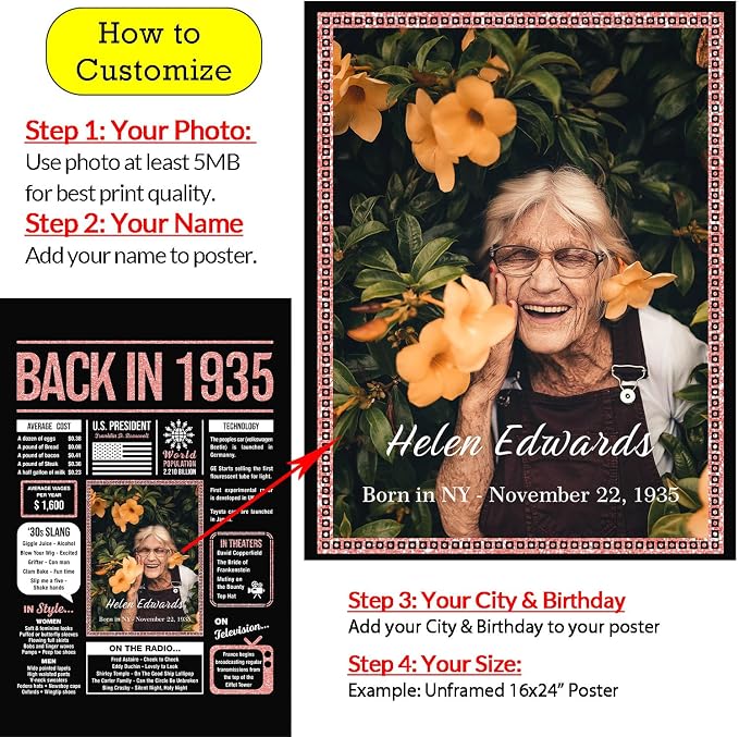 Happy 90th Birthday Party Decorations For Women Rose Gold - Gifts For 90 Year Old Women, 90th Birthday Party Decor Personalized For Mom, Grandma, 90 Yr Old Bday Gifts, Back In The Day You Born Poster