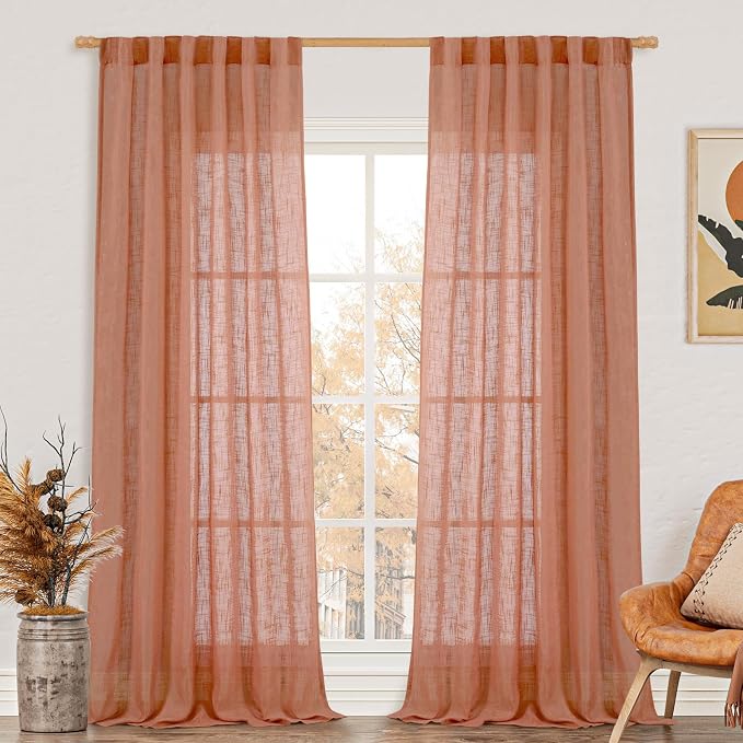 Terracotta Linen Curtains 90 Inch for Living Room Bedroom 2 Panels | Fall Western Decor, Light Filter, Semi Sheer, Boho Burnt Orange Rustic Drapes for Window, Rod Pocket Back Tab, 52 x 90 Inch